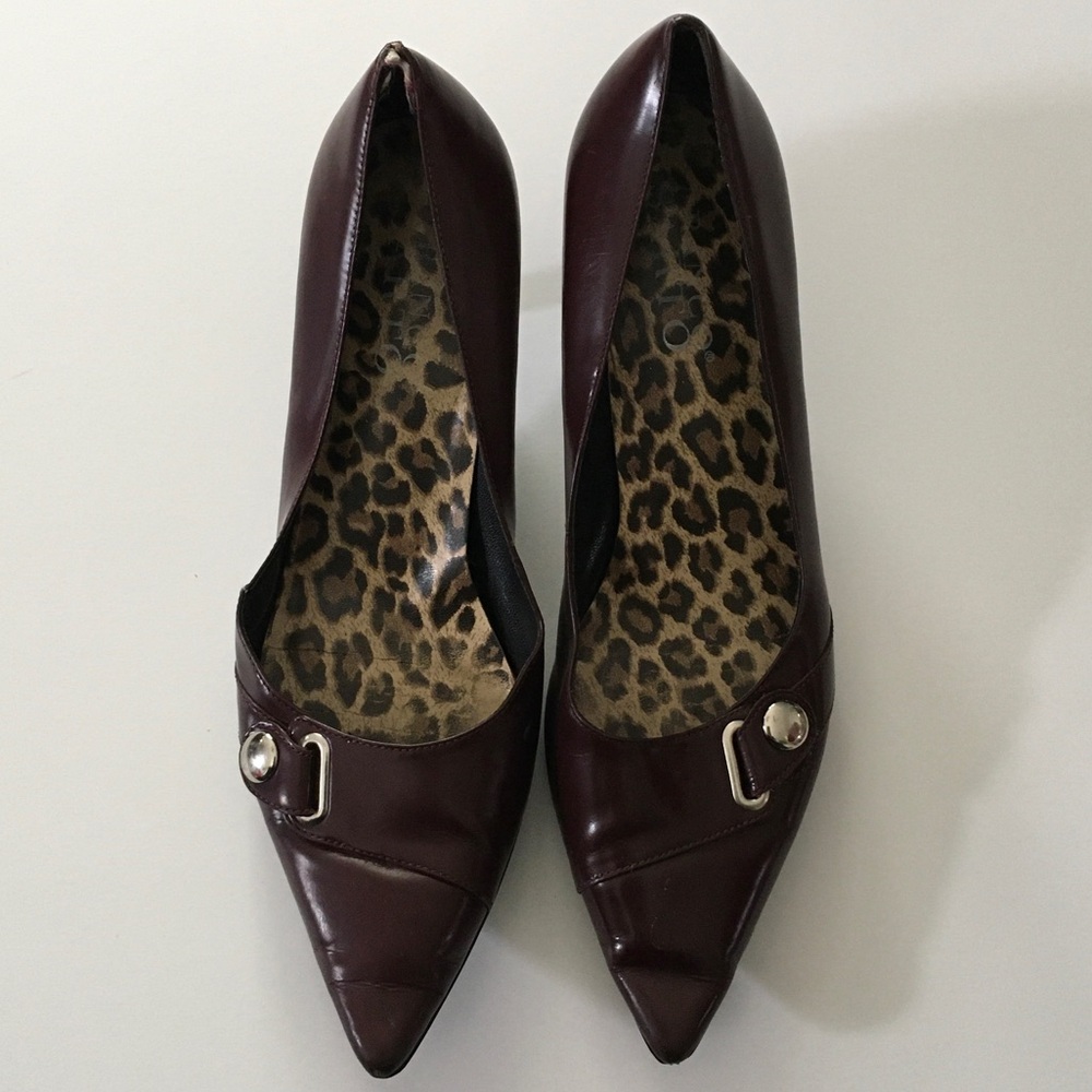 Franco Sarto Pointed Toe Pumps in Burgundy with Leopard Lining